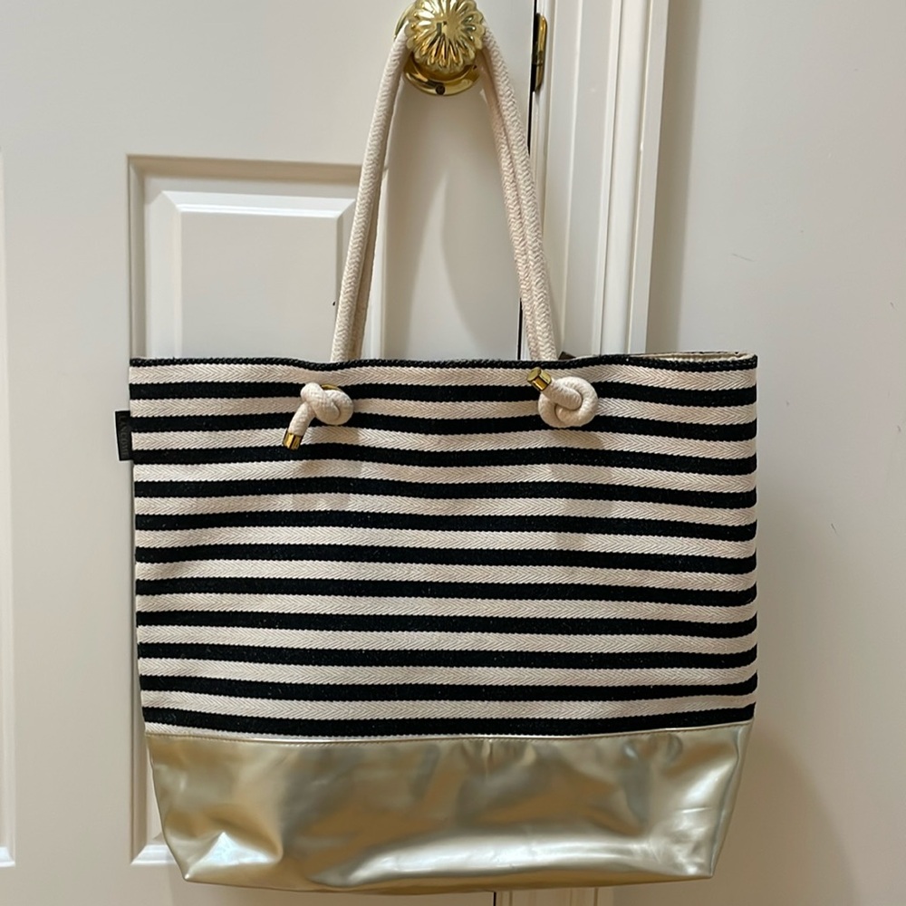Lancome Blue Ivory stripe gold bottom snap tote very nautical rope handles yacht